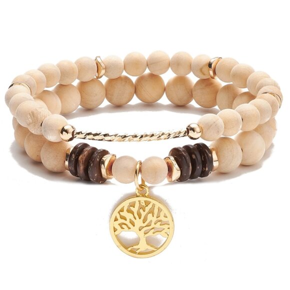 NWOT 2Pc stackable Bracelets, Tree of Life Charm Stretch Stretchy Bracelet Set - Picture 1 of 6